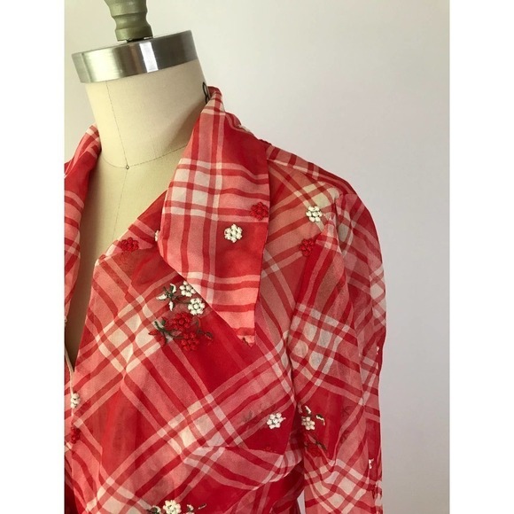 70s Gingham Maxi Dress Red Picnic Long Embroidered Garden Longsleeve 2 Piece Set - Picture 6 of 10